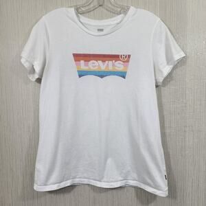 Levi's rainbow striped batwing logo front short sleeve shirt Woman's size medium